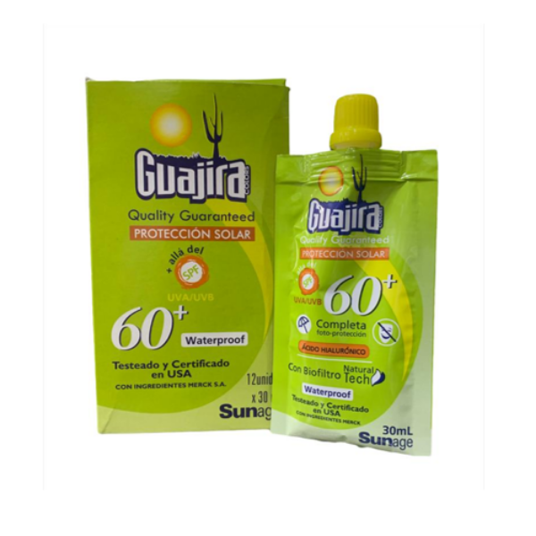 Imagen de BLOQUEADOR GUAJIRA SACHET CON TAPA DOSIFICADORA 60 CAJA*12 UNDS DE 30ML